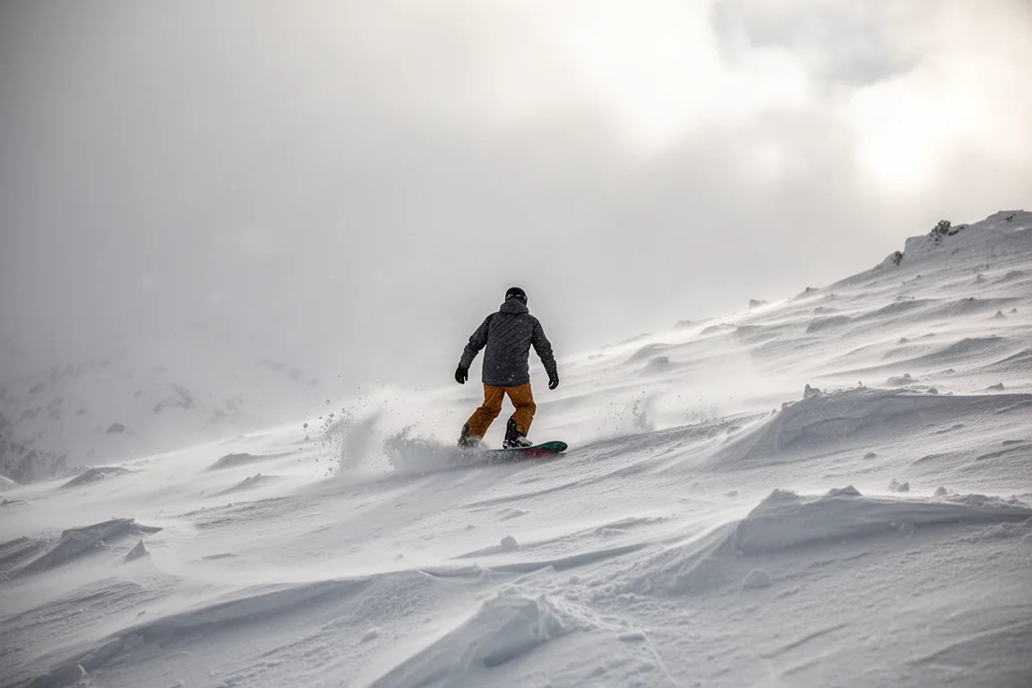 Snowboarder riding through chopped variable snow near the top of a mountain