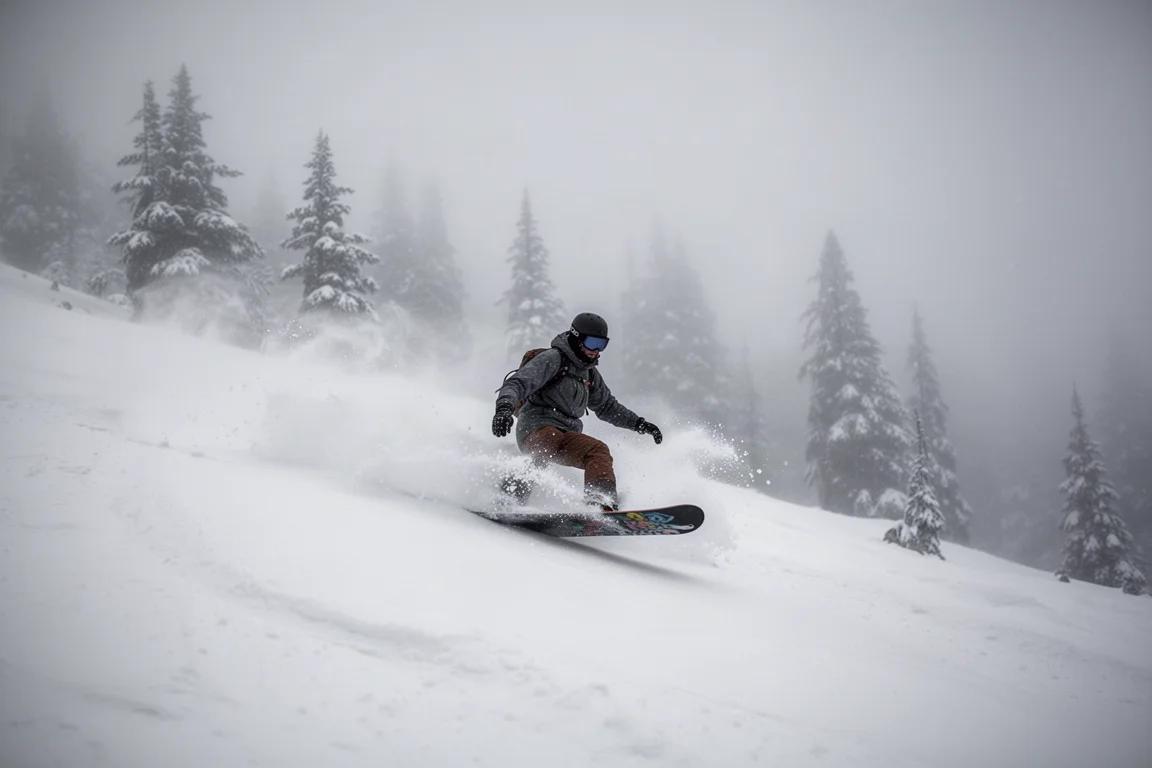 Snowboarder die door zware natte sneeuw en mist rijdt op een berghelling