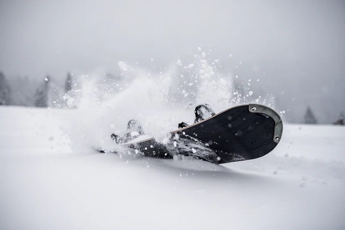 Tail van een snowboard diep in poedersneeuw gedrukt, met een pluim sneeuw als gevolg