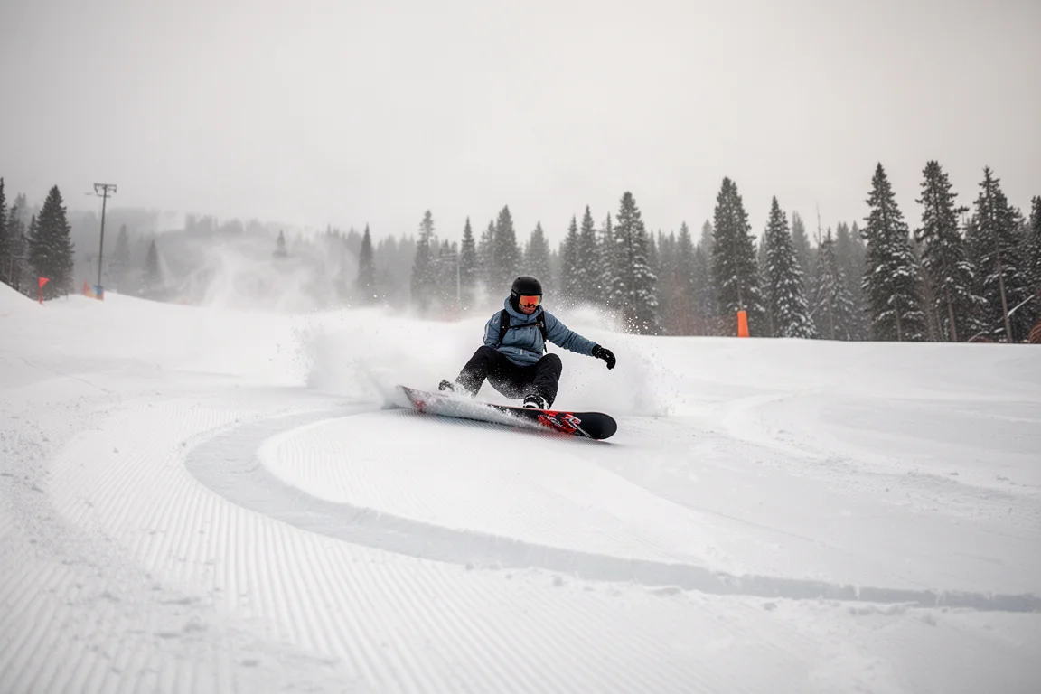 Snowboarder die diep in een harde carve hangt op een geprepareerde piste
