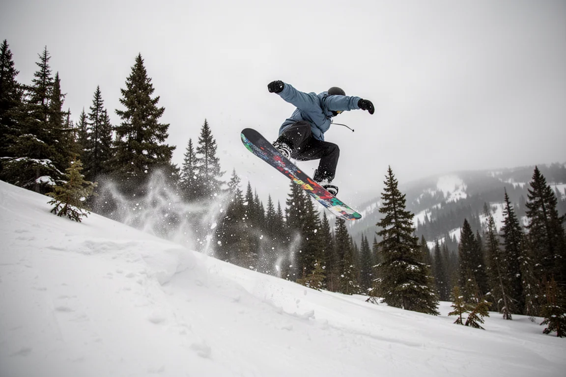 Snowboarder die vanaf een side hit de lucht in gaat met opspattende sneeuw