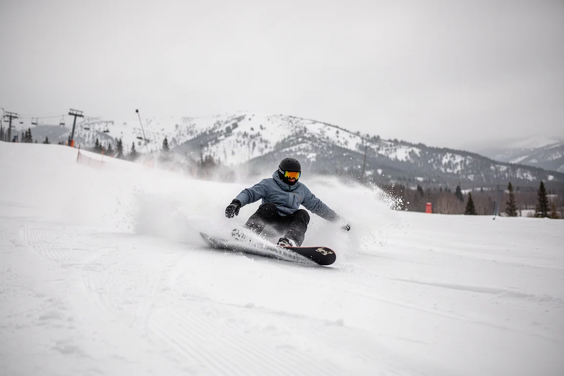 Snowboardeur en carving dans le slush doux du printemps sur une piste damée