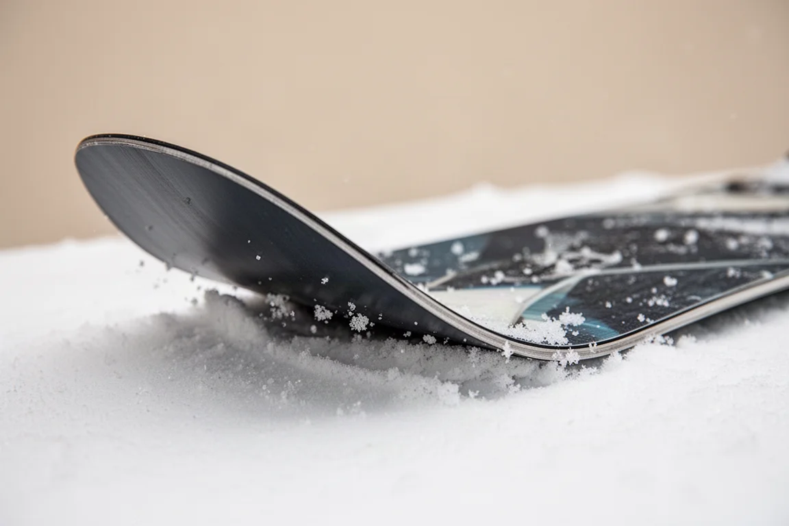 Gros plan sur la talonnière d'un snowboard chargée et fléchissant avant un pop