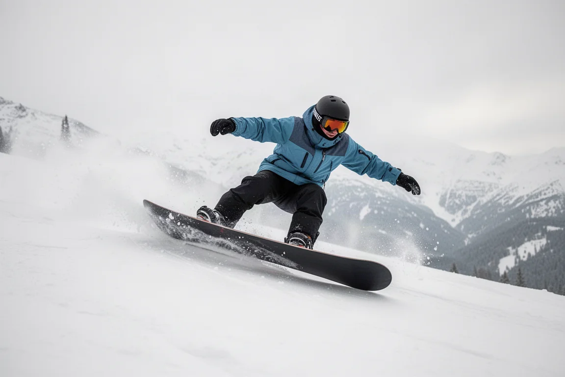 Snowboardeur au milieu d'un Euro carve, le corps penché bien au-delà de la carre