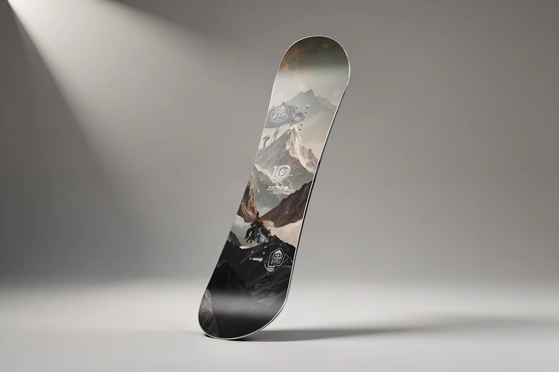 Snowboard short wide à cambre entier dressé verticalement sur fond gris