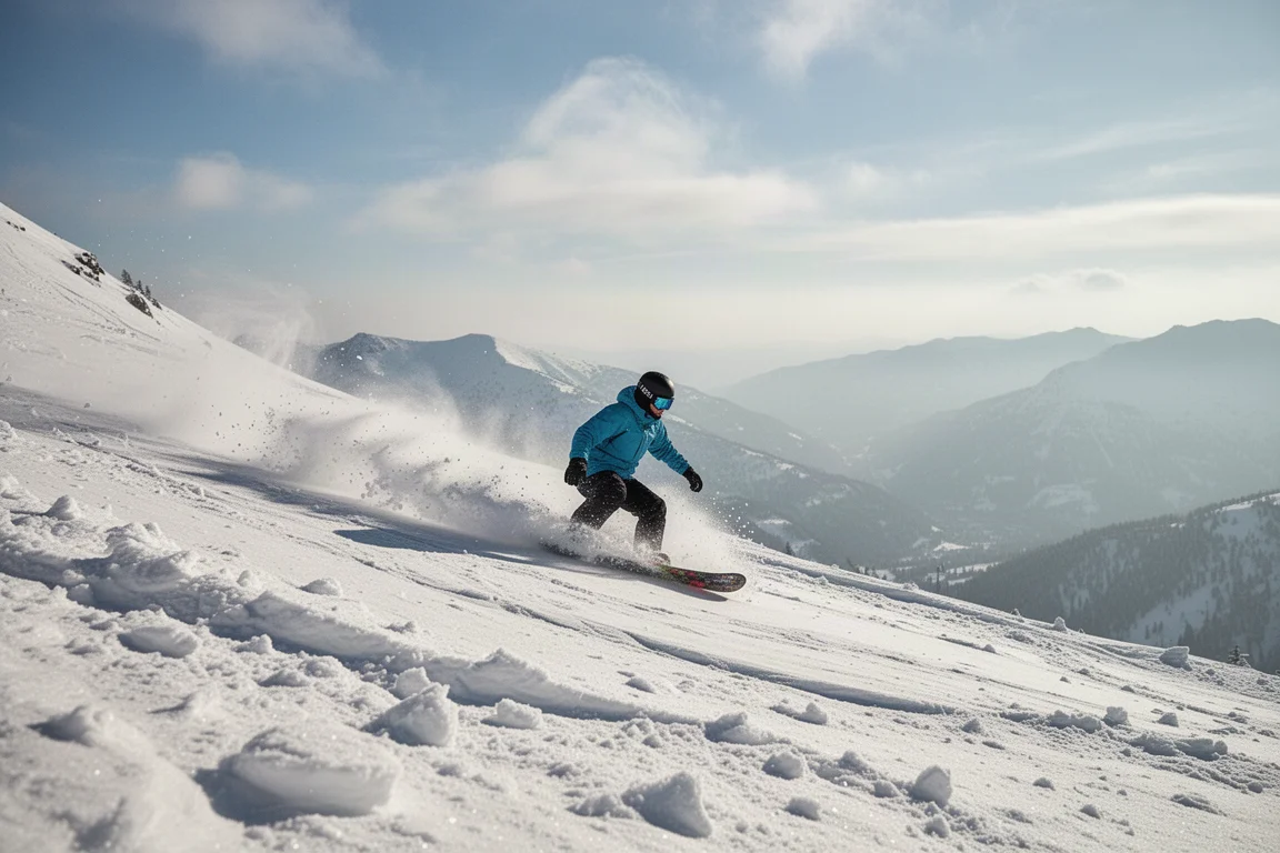 Snowboarder descensendo por nieve troceada y costra en un día de montaña parcialmente soleado