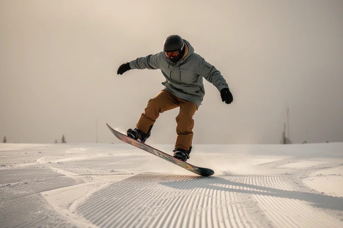Snowboarder presionando la punta de la tabla en una pista llana y pisada