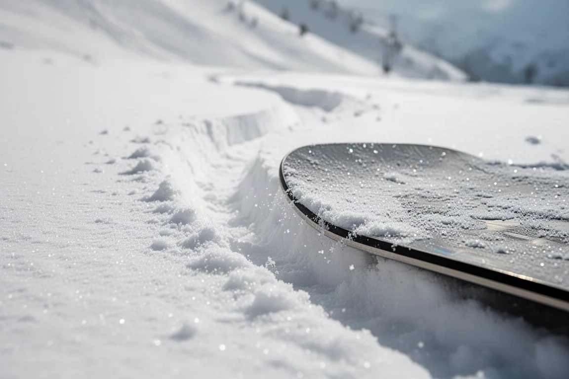 Primer plano del canto de una tabla de snowboard cortando la nieve pisada, con la traza visible