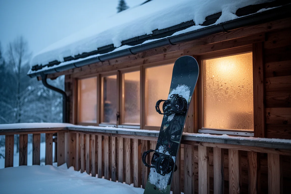 Tabla de snowboard apoyada en una barandilla del refugio con luz suave de atardecer