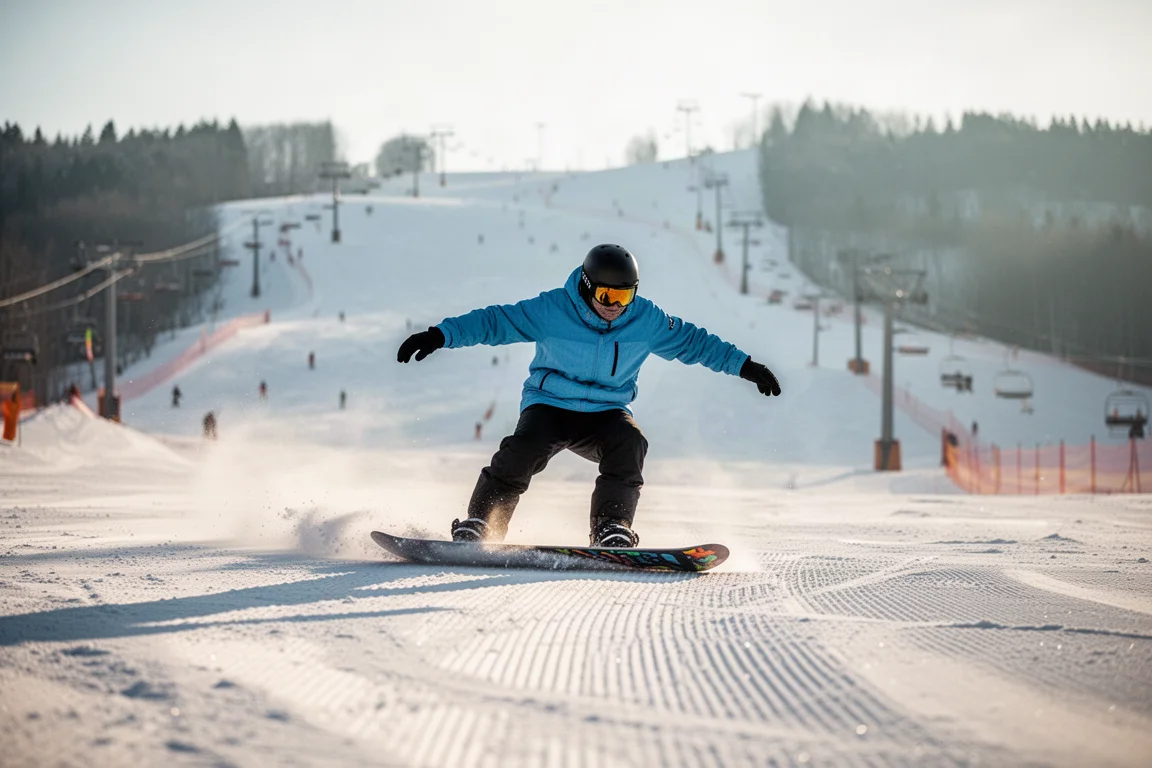 Snowboarder presionando el nose de una tabla de flex blando en una pista preparada