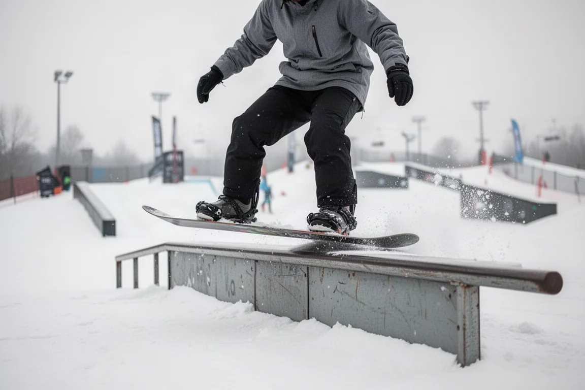 Snowboarder deslizándose por un rail metálico en un terrain park
