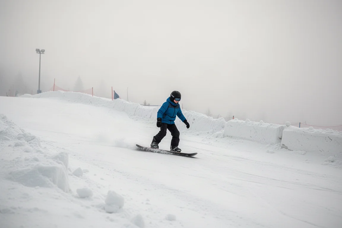 Snowboarder principiante practicando giros enlazados lentos en una pista suave para principiantes