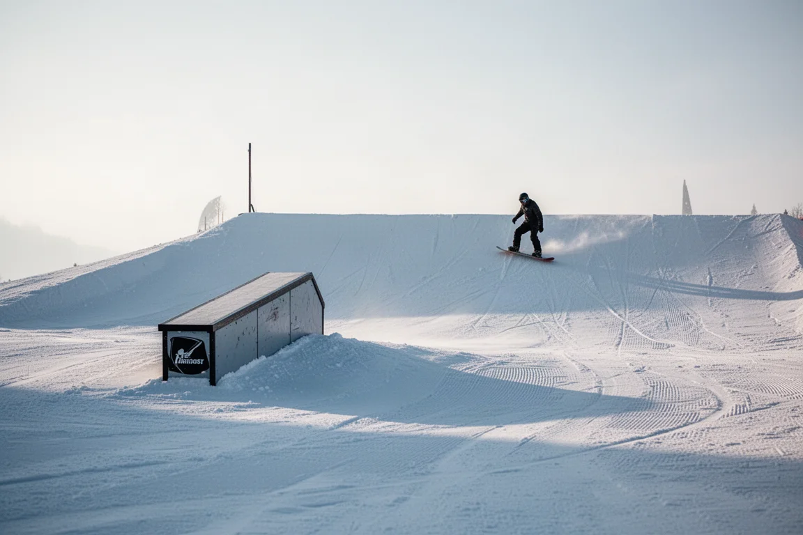 Pequeño kicker de terrain park con un snowboarder acercándose hacia él