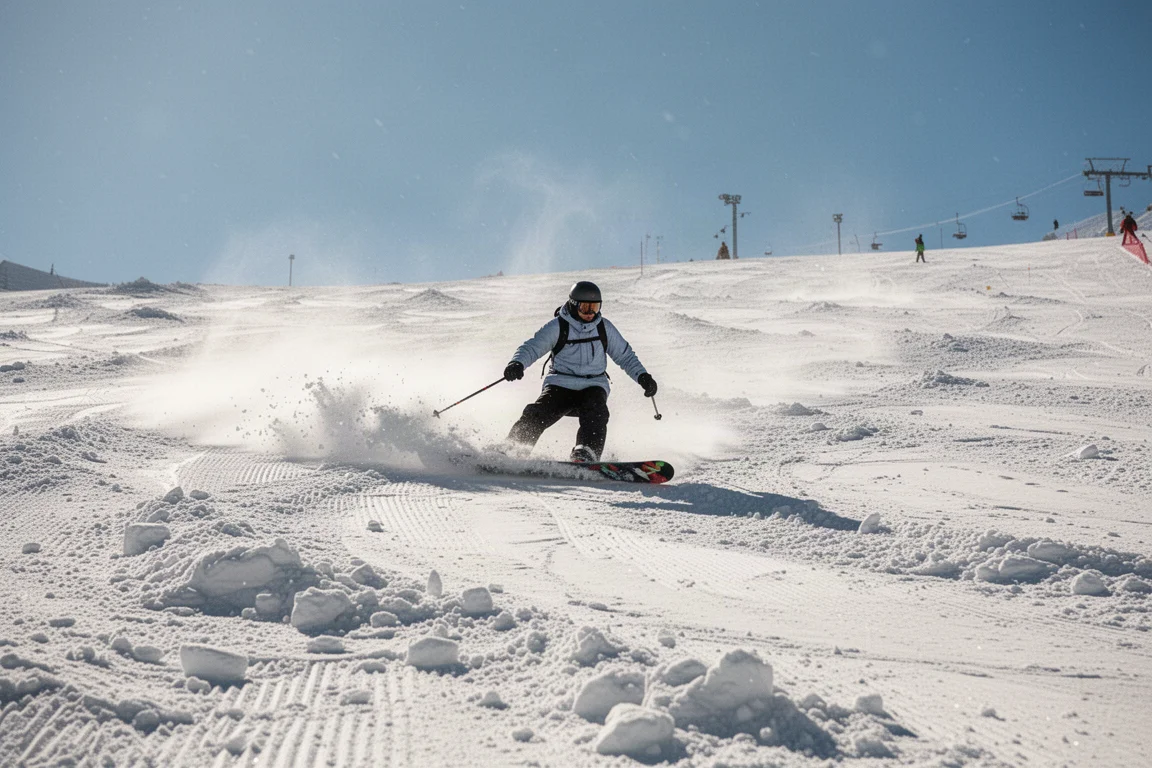 Snowboarder carving through chopped mixed snow on a sunny resort run