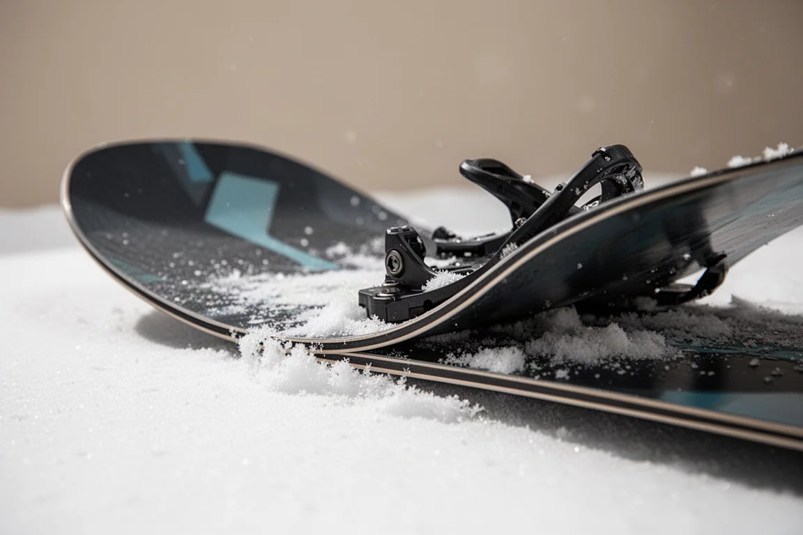 Close-up of a snowboard nose flexing into a press outside the insert packs