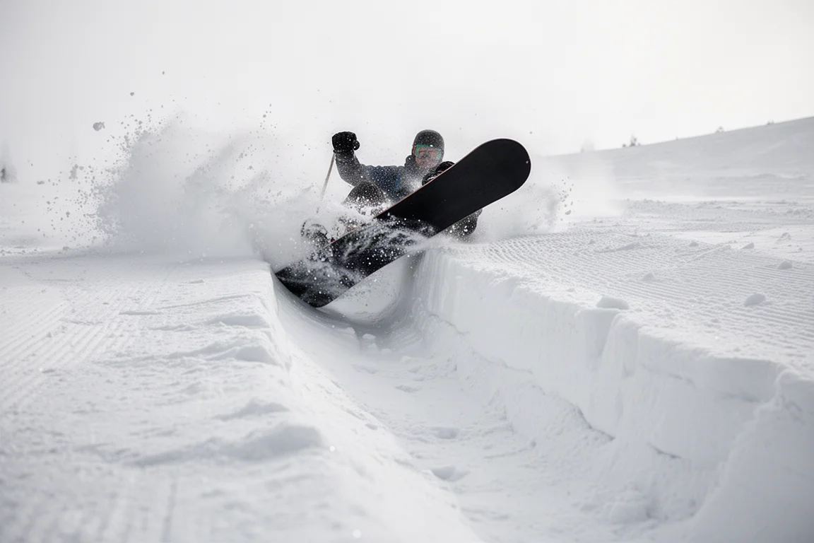 Deep carve trench cut into a firm groomer by a snowboard on edge