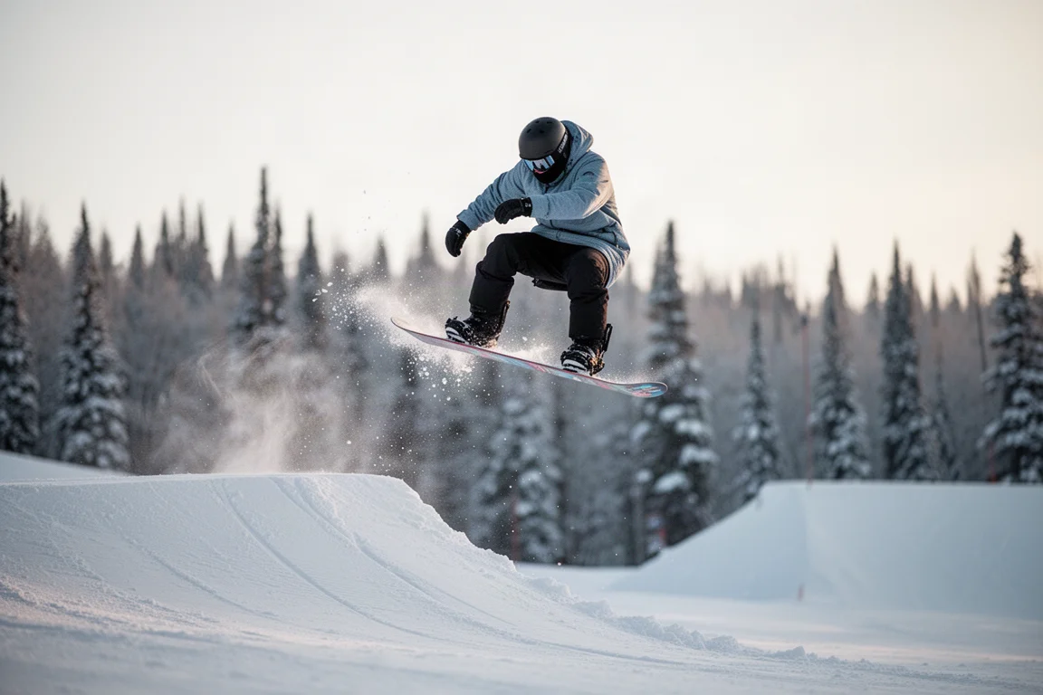 Snowboarder popping off a groomer side hit into soft daylight air