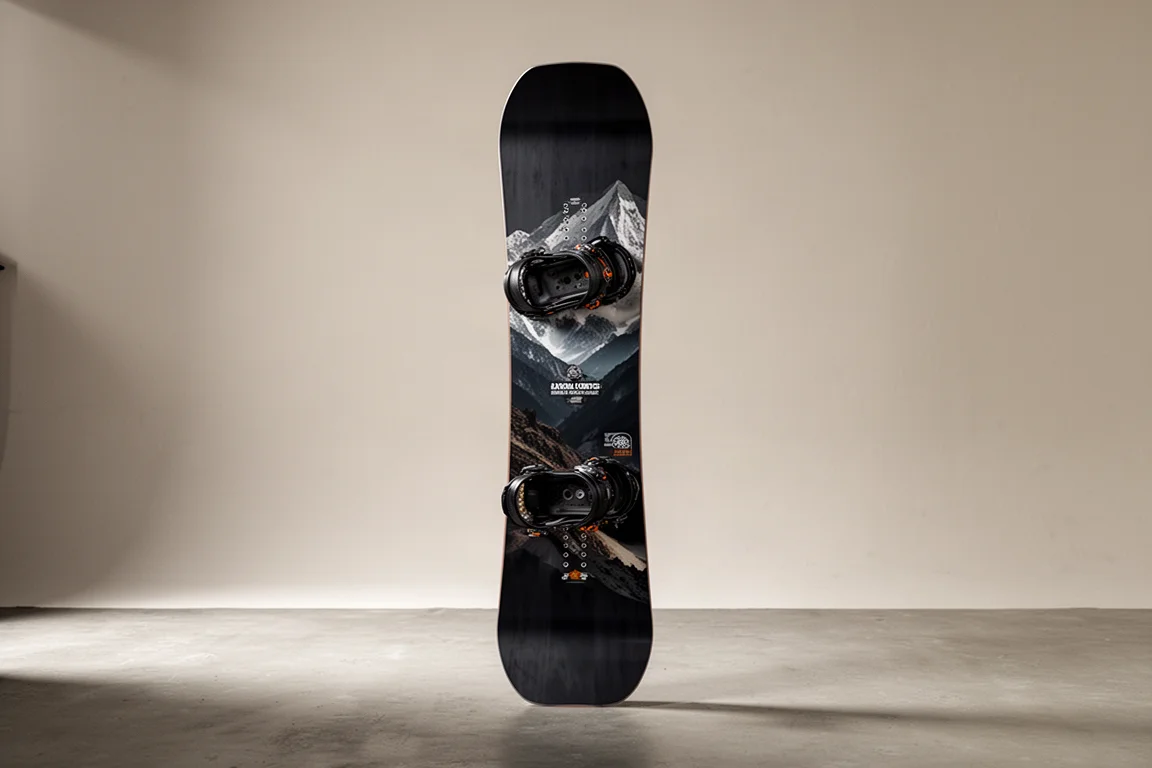 Wide all-mountain freestyle snowboard standing upright on a concrete surface