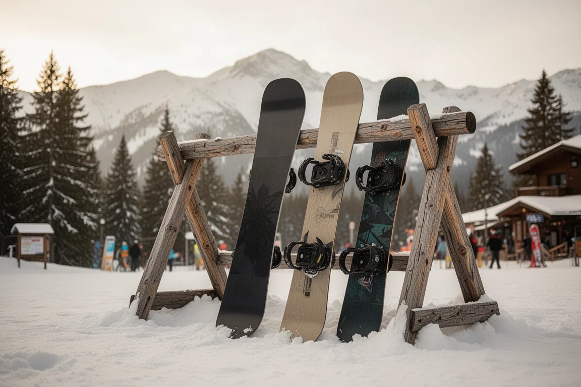 Breites Snowboard lehnt an einem Holzregal im Talbereich eines Alpinresorts mit Gipfeln im Hintergrund