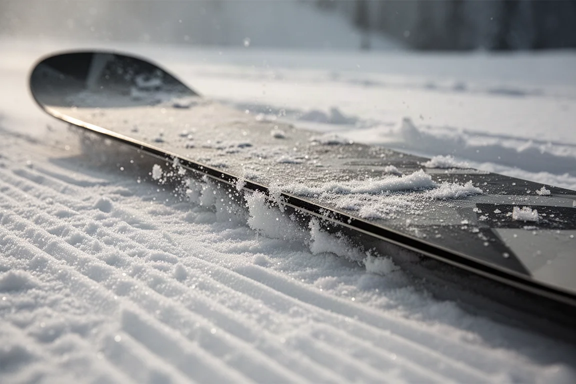 Snowboard-Kante schneidet durch vom Wind verwechten präparierten Schnee mit Eiskristallen