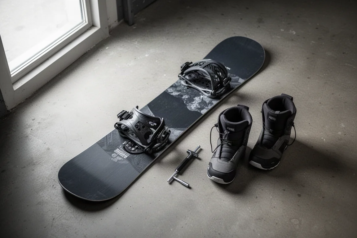 Snowboard mit Bindungen und Boots ausgelegt auf dem Boden einer Werkstatt