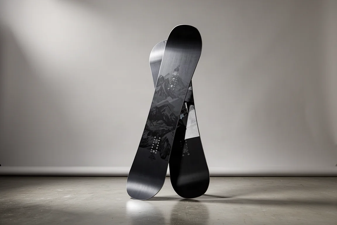 Wide all-mountain snowboard standing upright on a polished concrete floor against a grey backdrop