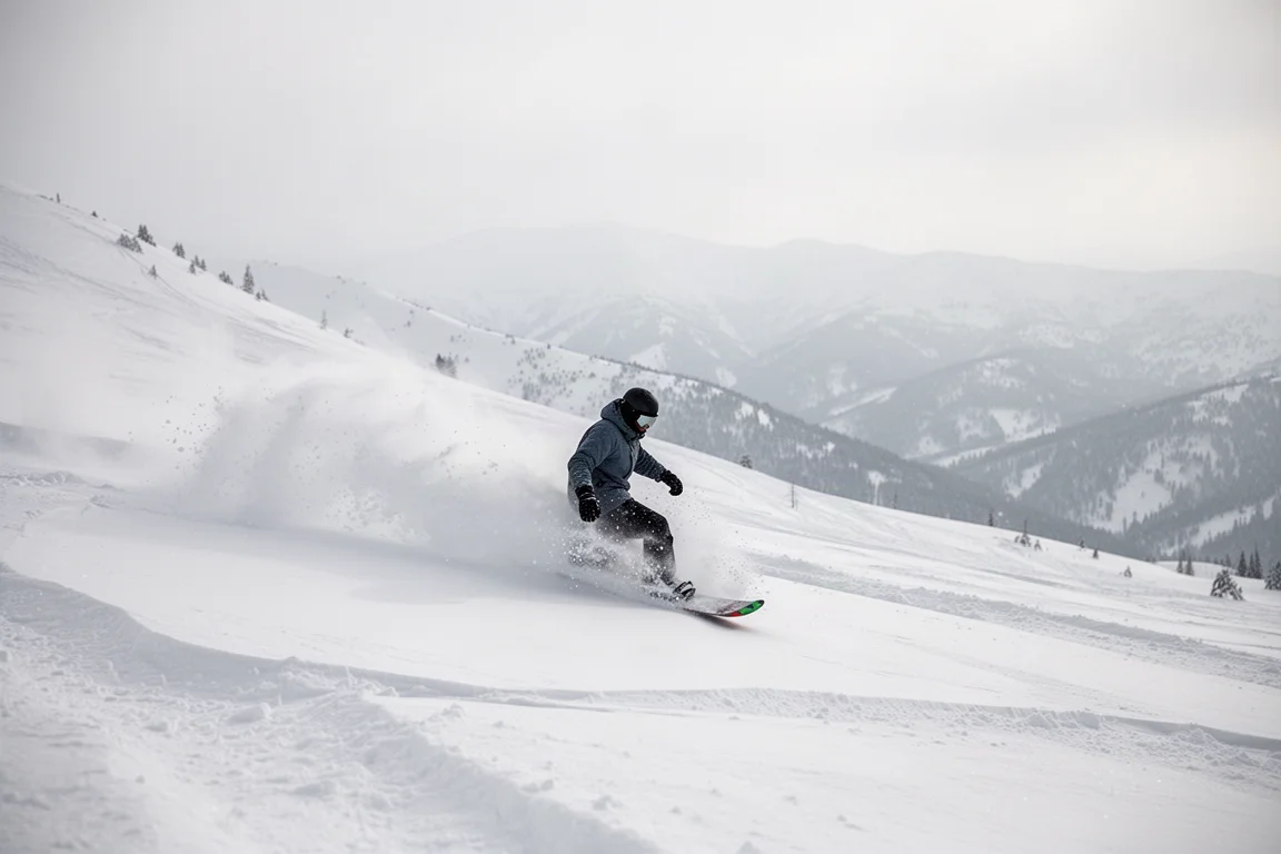 Snowboarder floating through deep powder on a wide open mountain slope