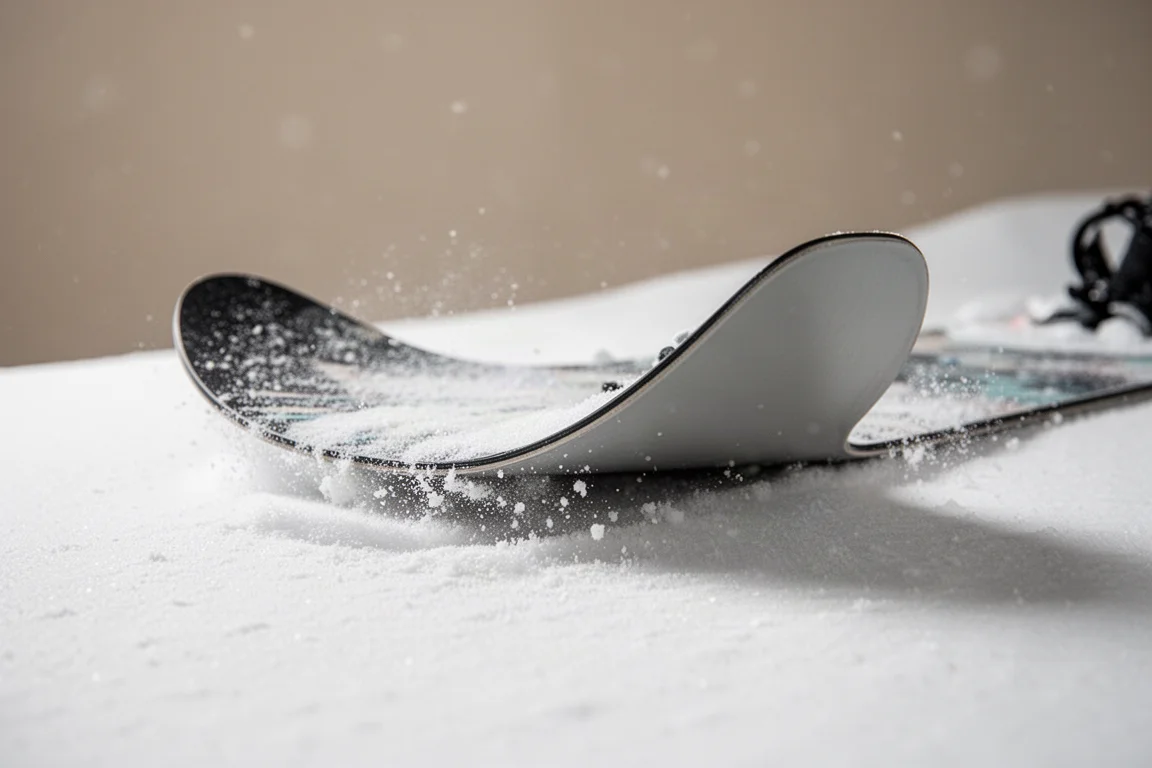 Close-up of a snowboard nose floating through deep snow, showing flex