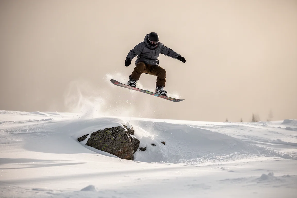Snowboarder launching off a small rock drop into powder