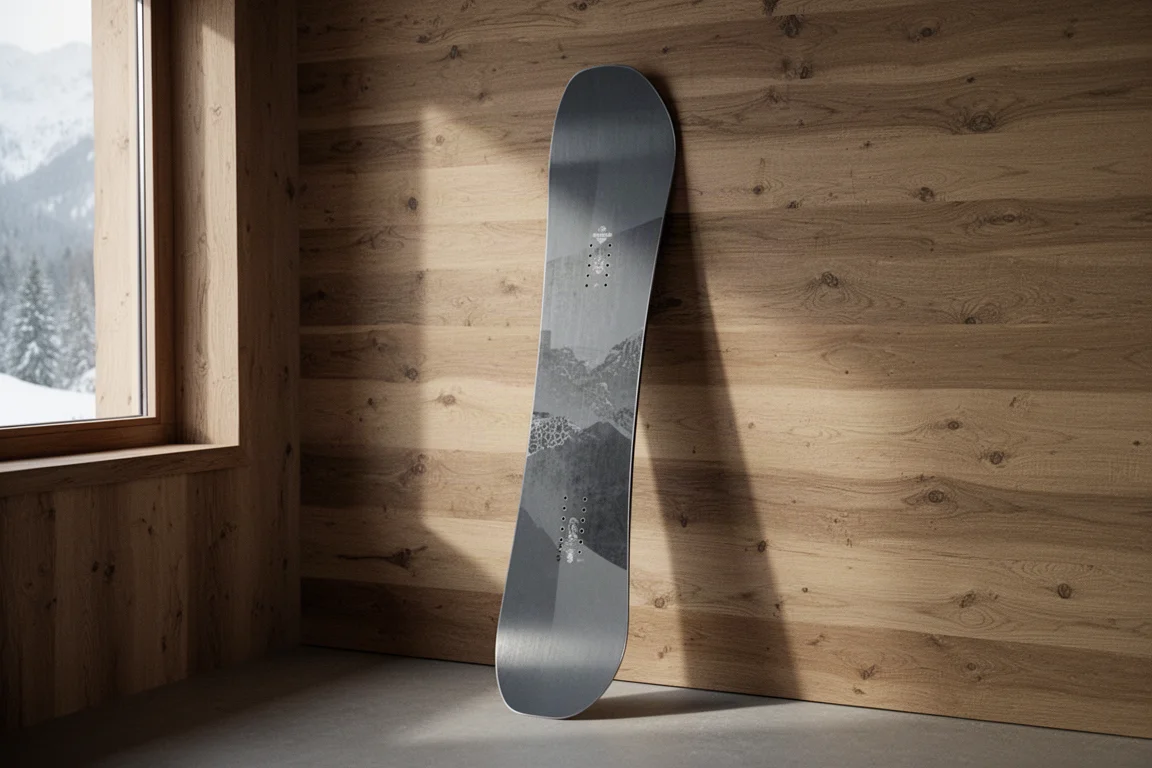 Single snowboard leaning against a wooden wall in a cabin setting