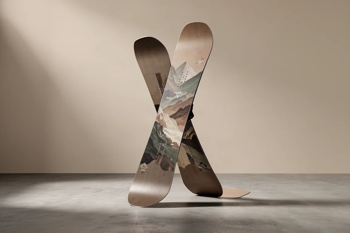Lib Tech Son of Birdman powder snowboard standing upright on a concrete floor