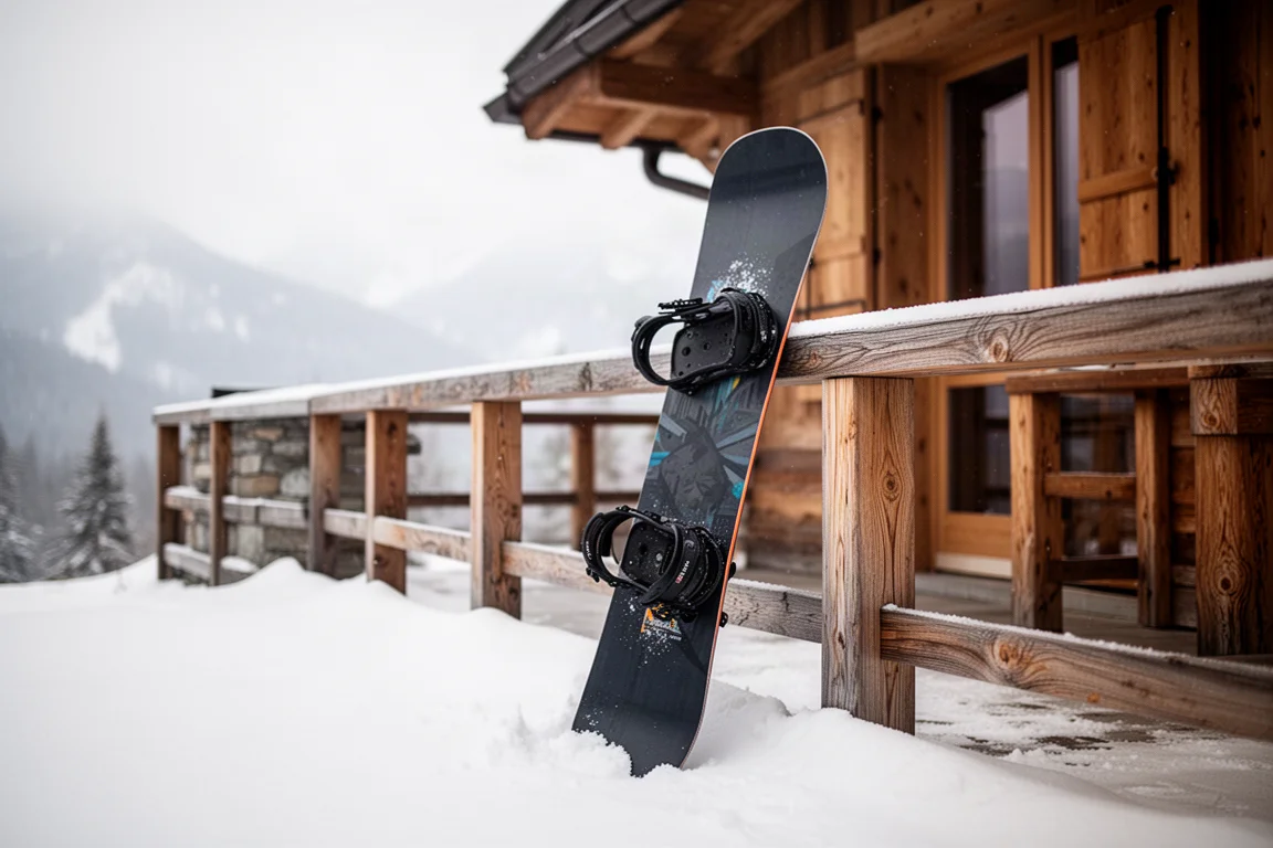 滑雪板放置在山间小屋外的架子上的照片