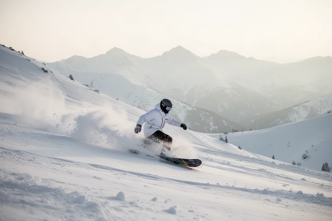 Snowboardeur traversant de la poudreuse fraîche sur une pente enneigée à la lumière du matin