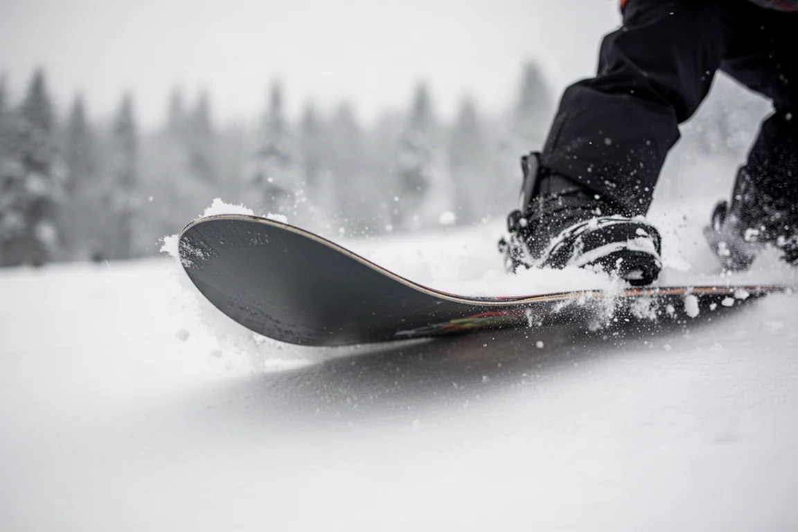Snowboardeur faisant un butter sur le nose de sa planche dans la neige tendre