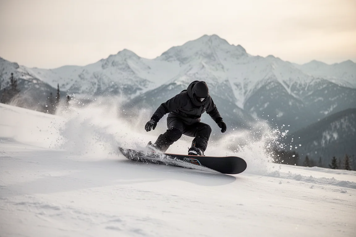 Snowboard traçant un carve profond dans la neige avec la carre bien engagée