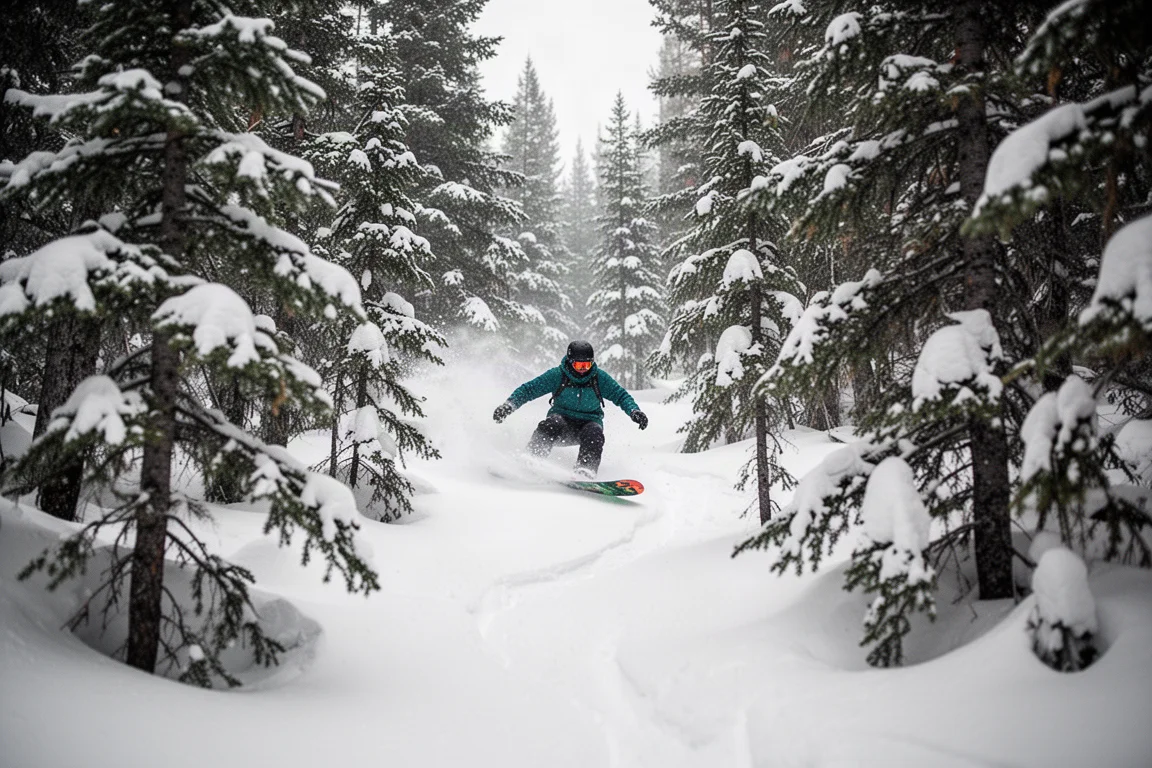 Snowboardeur se faufilant entre les arbres d'une forêt enneigée