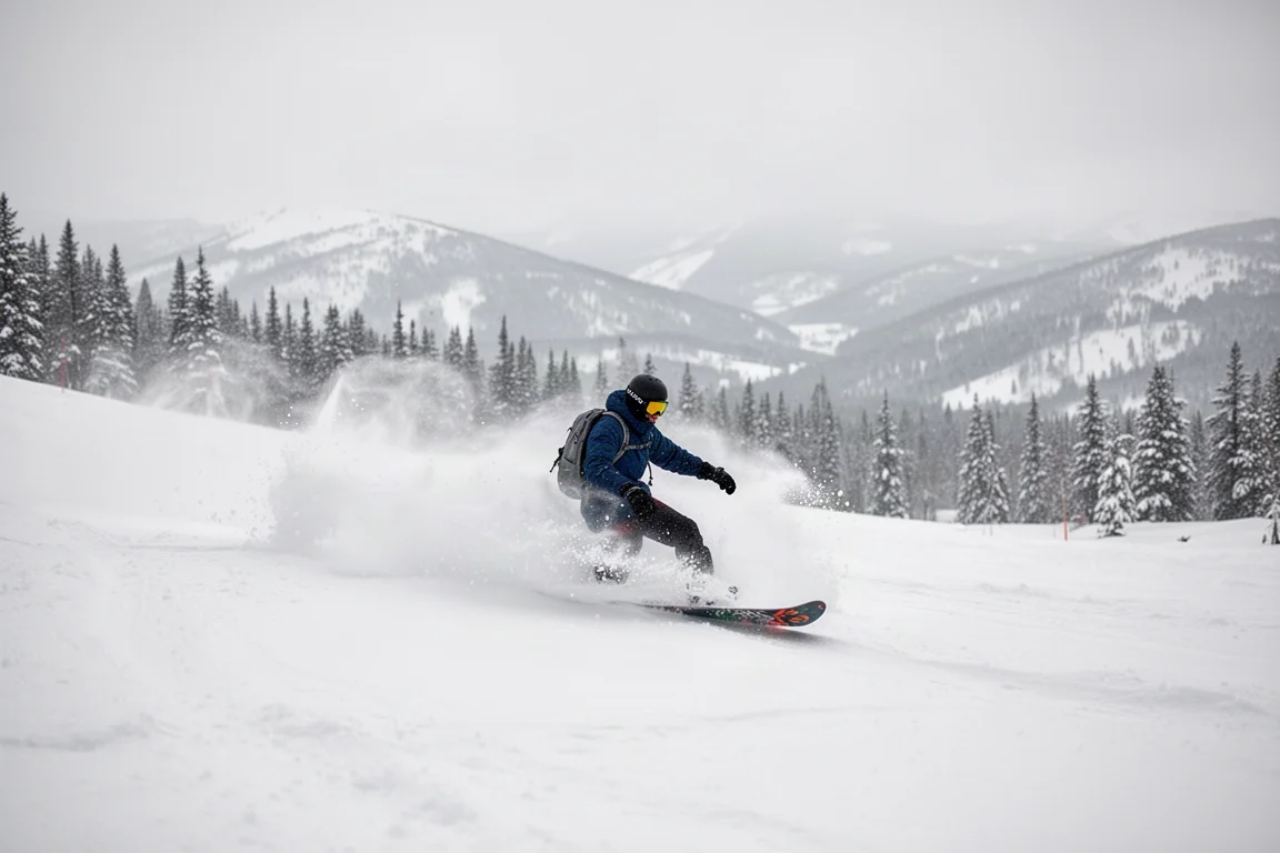 Snowboarder carving through fresh powder on a wide open mountain slope