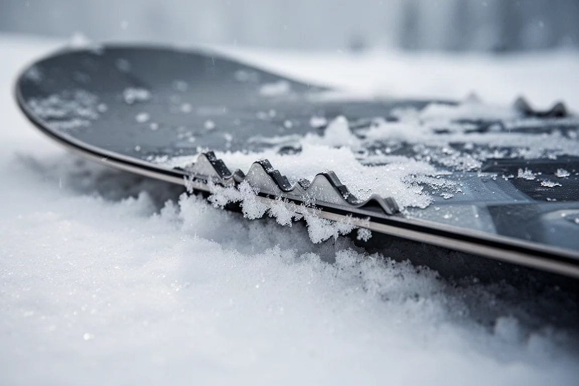 Close-up of a serrated snowboard edge biting into firm snow