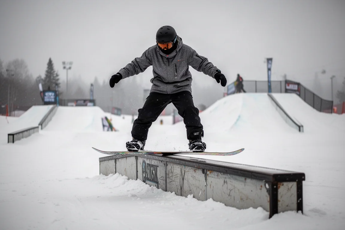 Snowboarder grinding a rail in a terrain park