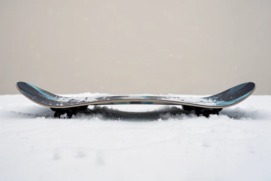 Snowboard with visible camber profile resting on snow