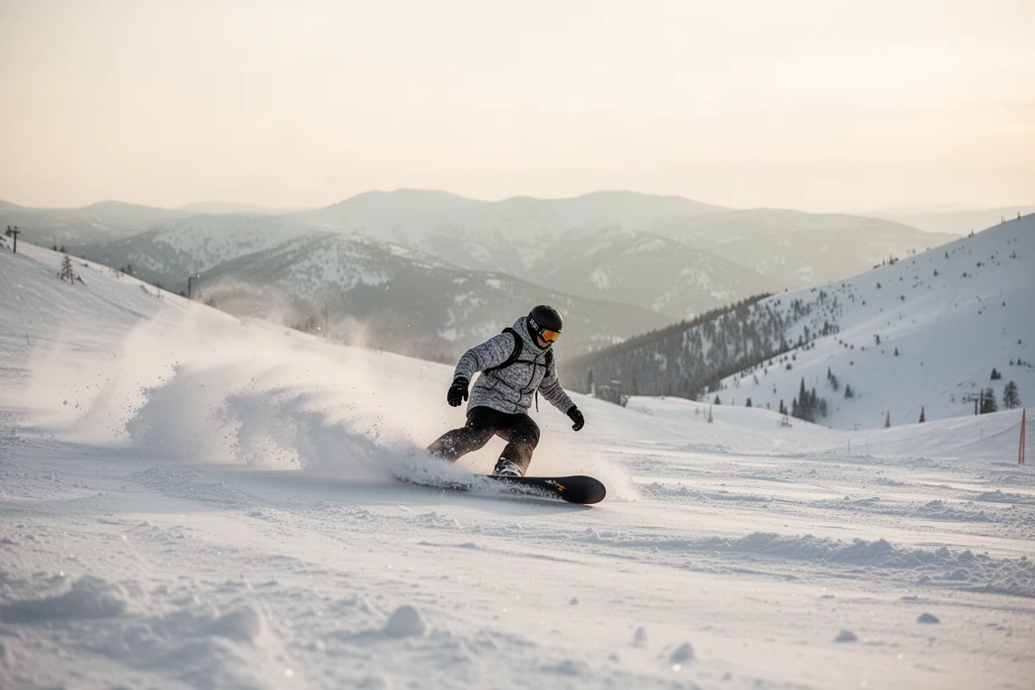 Snowboarder ciągnący łuk przez świeży śnieg na szerokim stoku górskim