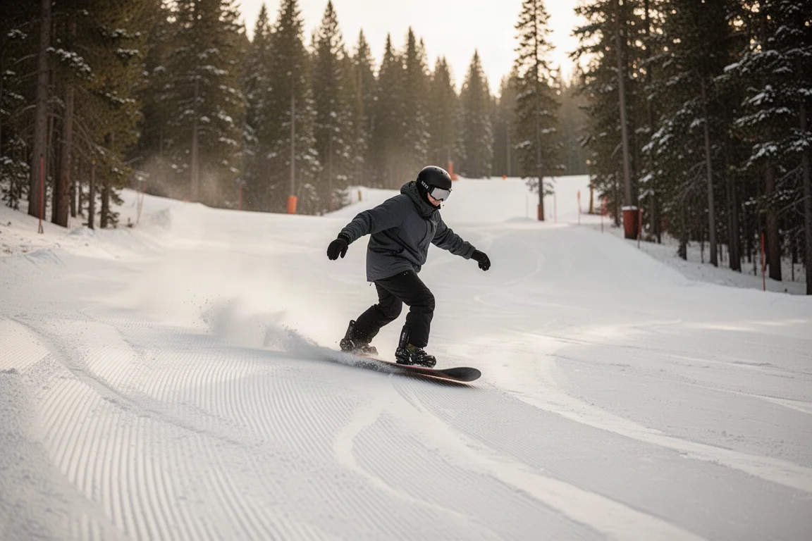 Snowboarder jadący switch po przygotowanej trasie w kurorcie