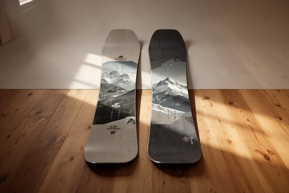 Dwa snowboardy ułożone płasko obok siebie na drewnianej podłodze chaty