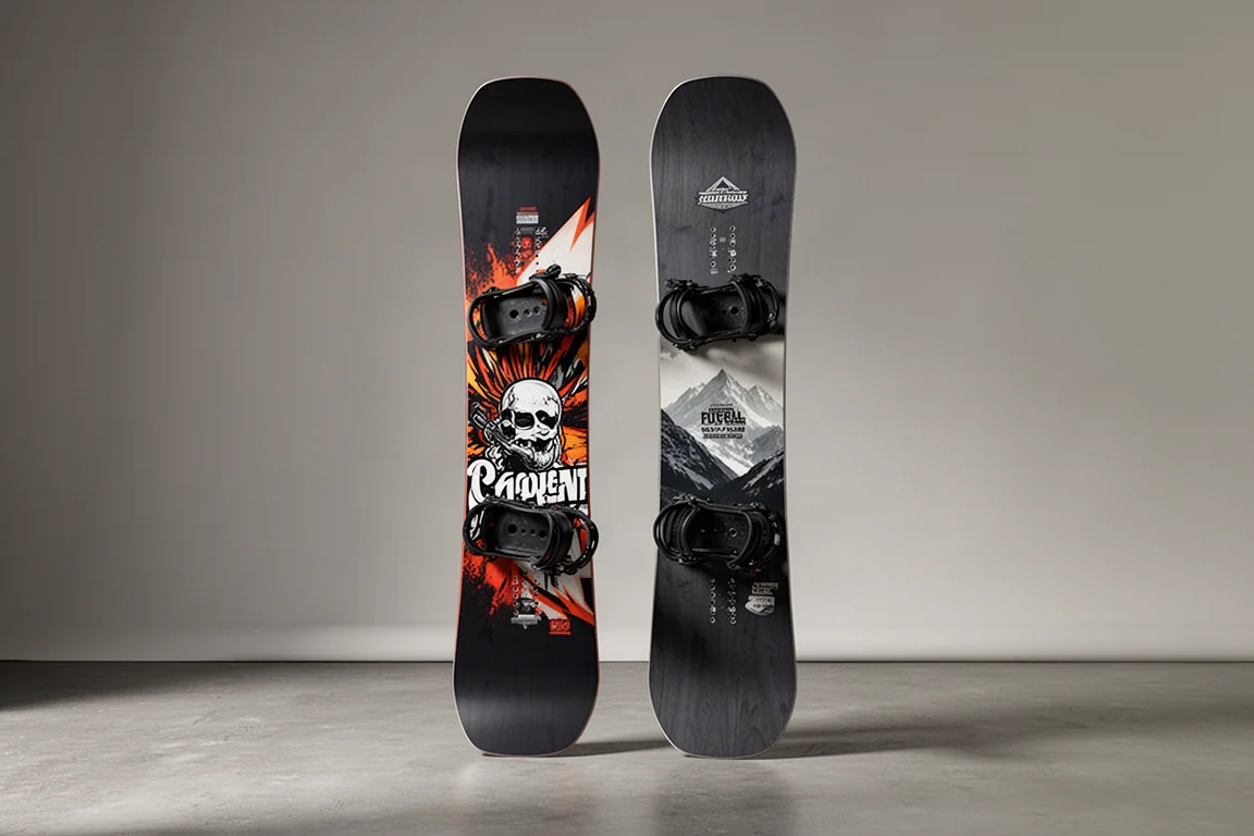 Two flagship snowboards standing upright side by side in a studio