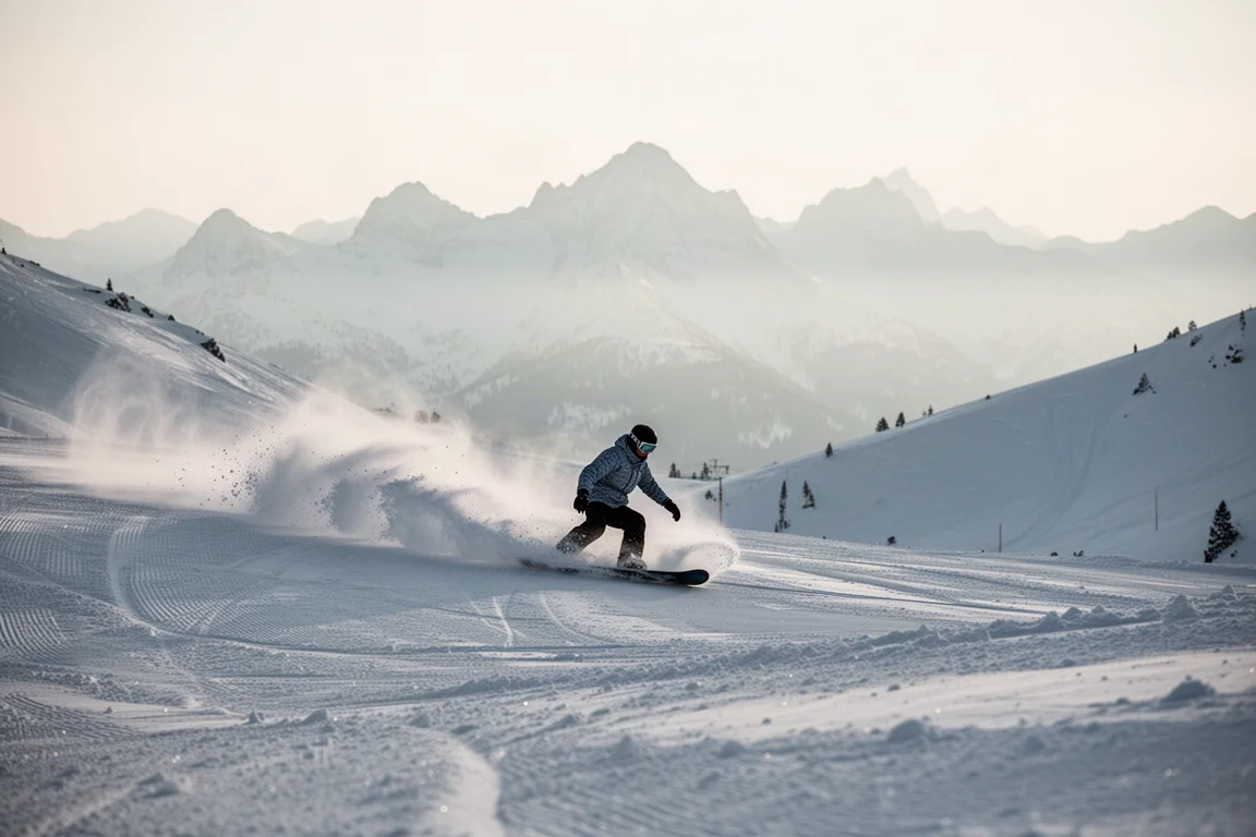 Snowboarder carving down an open mountain face in soft morning light