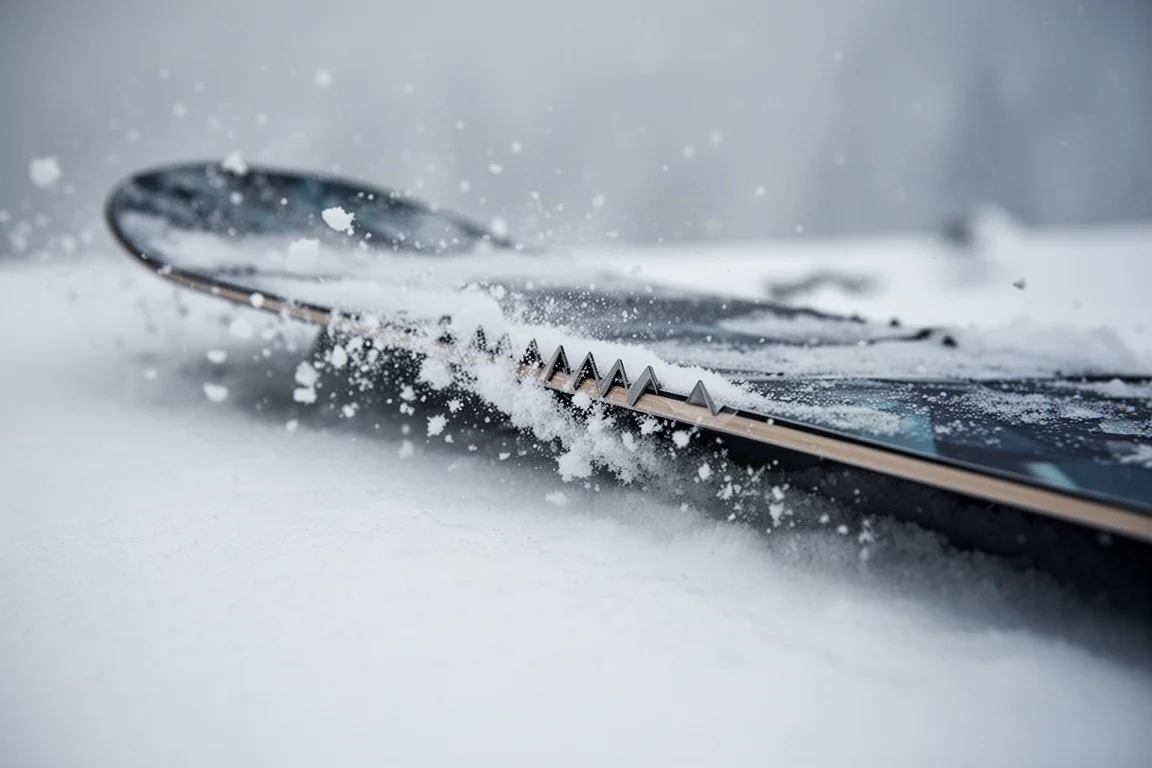 Close-up of a snowboard edge cutting into packed snow