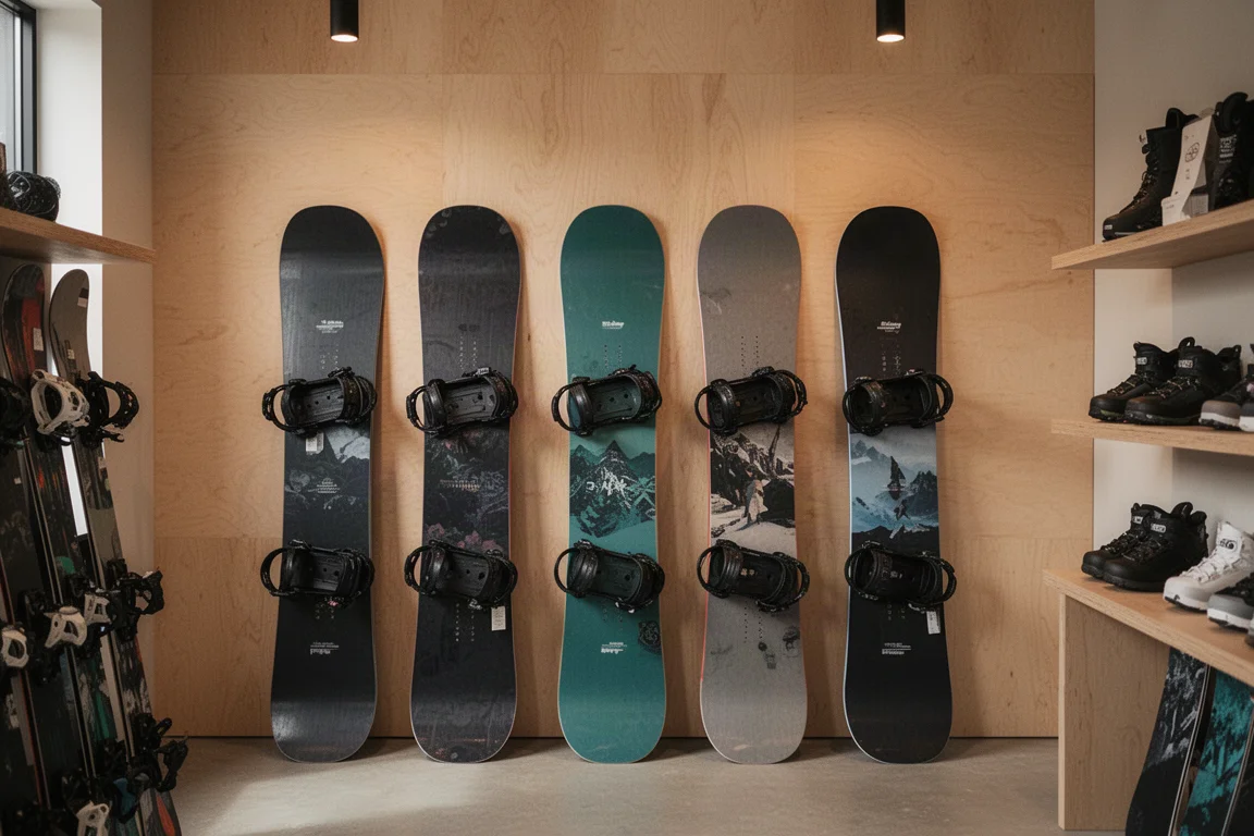 Snowboards displayed on a shop wall in warm wood interior