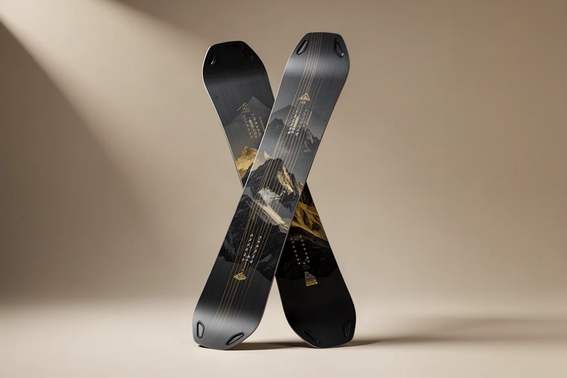 Directional all-mountain snowboard with dark carbon graphic on neutral backdrop