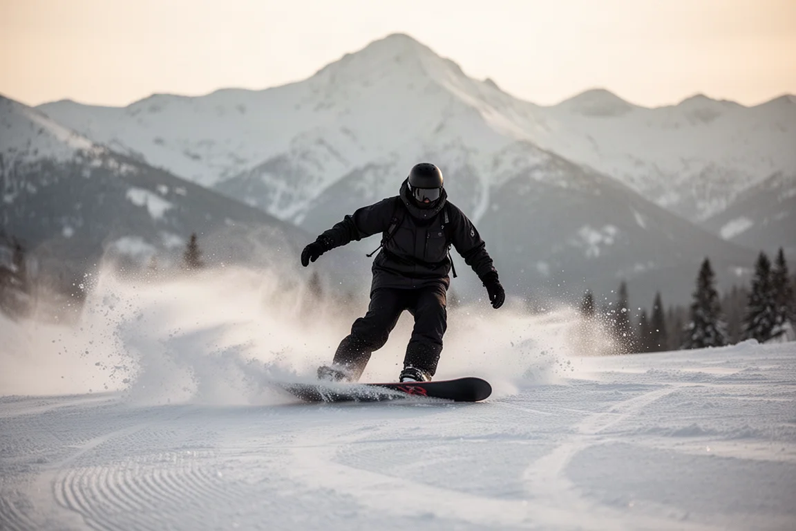 Snowboarder che traccia una curva ad alto angolo su una pista battuta in montagna