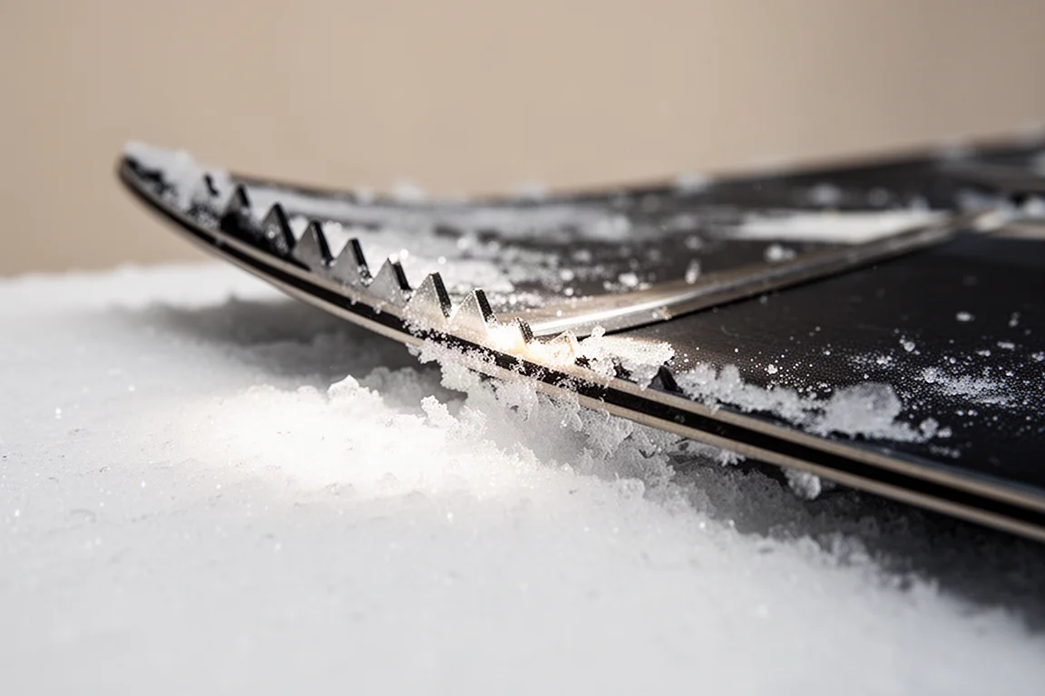 Primo piano di un cantelli seghettato di uno snowboard che morde la neve ghiacciata